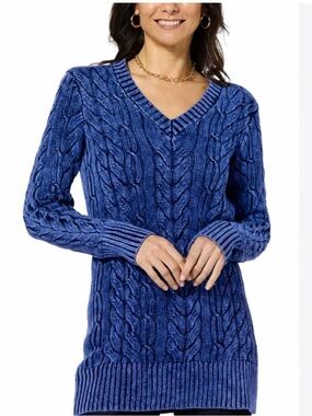 DG2 by Diane Gilman Cable-Knit V-Neck Sweater in Indigo